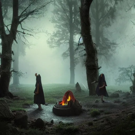 Prompt: A panoramic photograph of witches dancing in robes and drinking around a campfire at night in a misty forest grove, large landscape with a village in the valley, stars overhead, glowing eyes in the dark, by Greg Rutkowski, 4k photorealistic, volumetric lighting, HD, high details, dramatic, trending on artstation