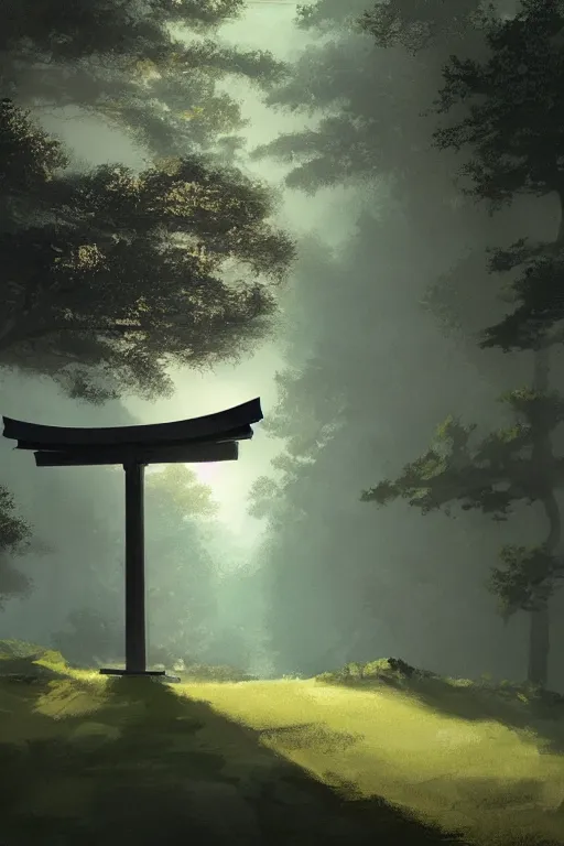 Image similar to Japanese Torii in a moutain with trees ,morning , by Grzegorz Rutkowski, concept art