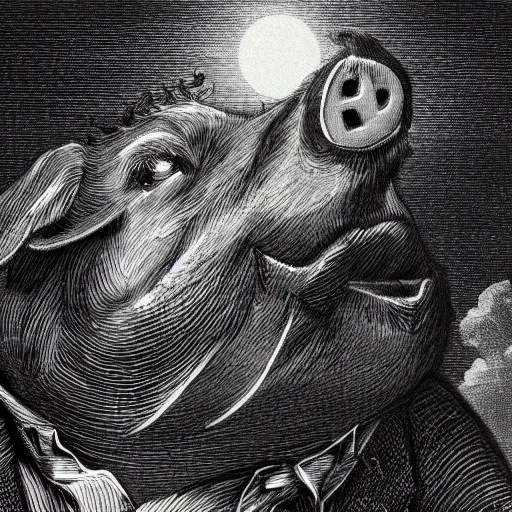 Image similar to closeup portrait of a angry pig in a tuxedo, dramatic lighting, farm background, moon, chiaroscuro, high detail, illustration by gustave dore