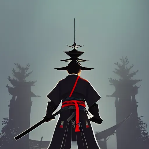 Prompt: Samurai silhouette with katana in right hand in front of a templar castle, ready to attack, vegetation, dramatic lighting, trending on artstation, render, photorealistic, cinematic