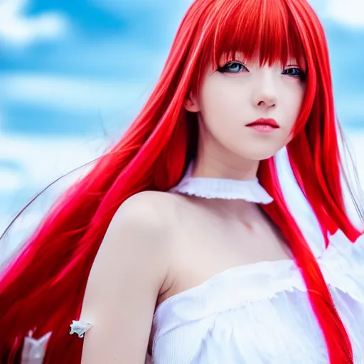 Image similar to very detailed photo of European anime cosplayer girl wearing white and red dress, studio photo, anatomically correct, pretty face, fine-face, smooth, sharp focus, UHD, 8k