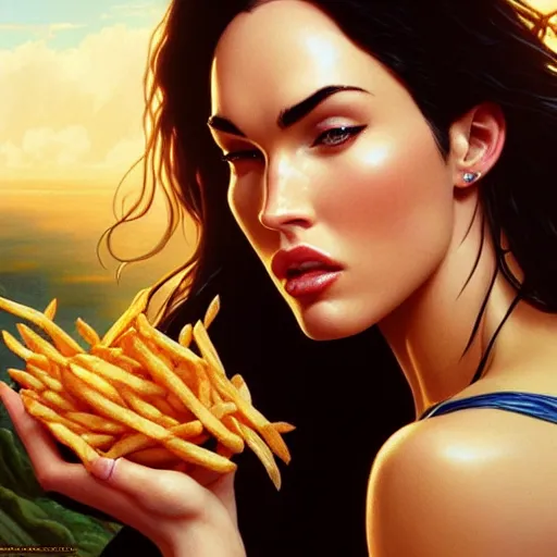 Prompt: Megan Fox eating french fries, closeup, D&D, fantasy, intricate, elegant, highly detailed, digital painting, artstation, concept art, matte, sharp focus, illustration, art by Artgerm and Greg Rutkowski and Alphonse Mucha