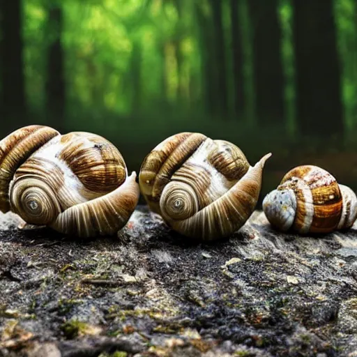 Image similar to a group of snails protesting in the forest. photograph, hyper-realistic