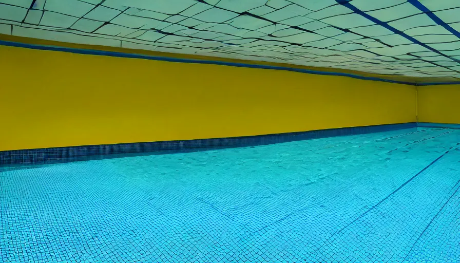 Image similar to 1 9 6 0 s movie still of an empty blue and yellow tiles swimmingpool, low quality, liminal space style