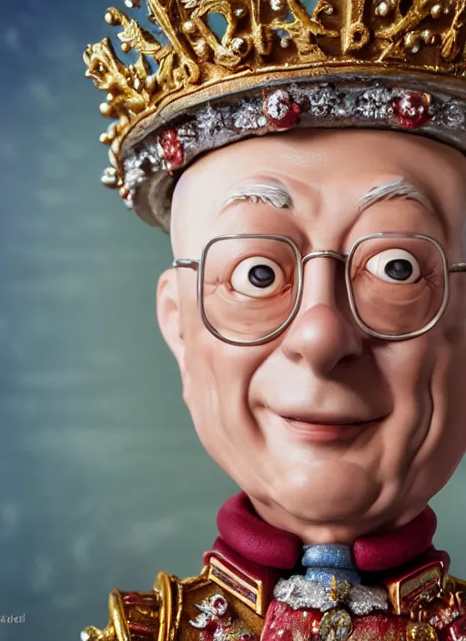 Prompt: closeup face profile portrait of tin toy klaus schwab as a fairytale prince wearing a crown eating cakes, depth of field, zeiss lens, detailed, symmetrical, centered, fashion photoshoot, by nicoletta ceccoli, mark ryden, lostfish, breathtaking, 8 k resolution, extremely detailed, beautiful, establishing shot, artistic, hyperrealistic, octane render