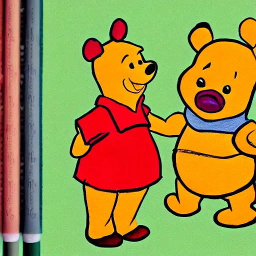 Image similar to child's crayon drawing of pooh bear and piglet