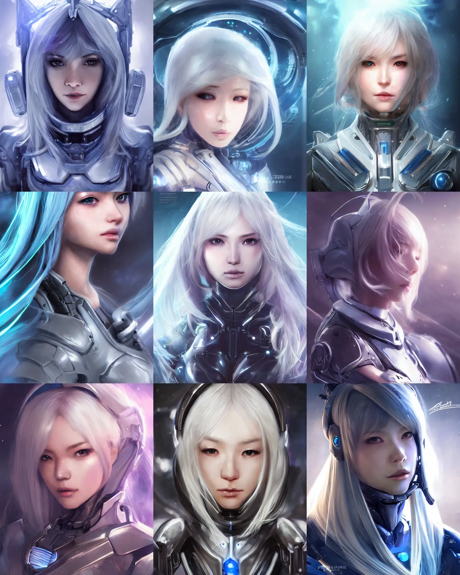 Prompt: detailed portrait of perfect android girl, warframe armor, beautiful face, scifi, futuristic, space station, laboratory, song hye - kyo, dreamy, long white hair, blue cyborg eyes, cinematic lighting, innocent, highly detailed, sharp focus, smooth, artstation, intricate, award winning, pure aura, divine, by akihiko yoshida