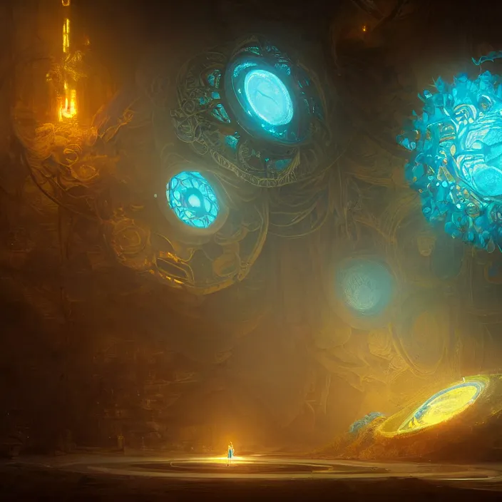 Prompt: a flower the whole within infinite capsule apparent with awe the apparition, an idea seep's into infinity highly detailed in volumetric latent space, golden turquoise steampunk, high contrast cinematic light, mystical shadows, sharp focus, divine realm of gods, octane render, artist by greg rutkowski,