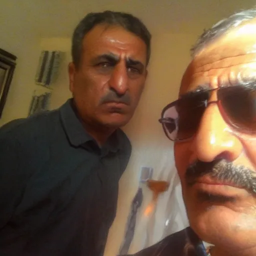 Image similar to my Kurdish dad accidentally taking a selfie with the front camera, squinting because the camera flash is so bright in his face