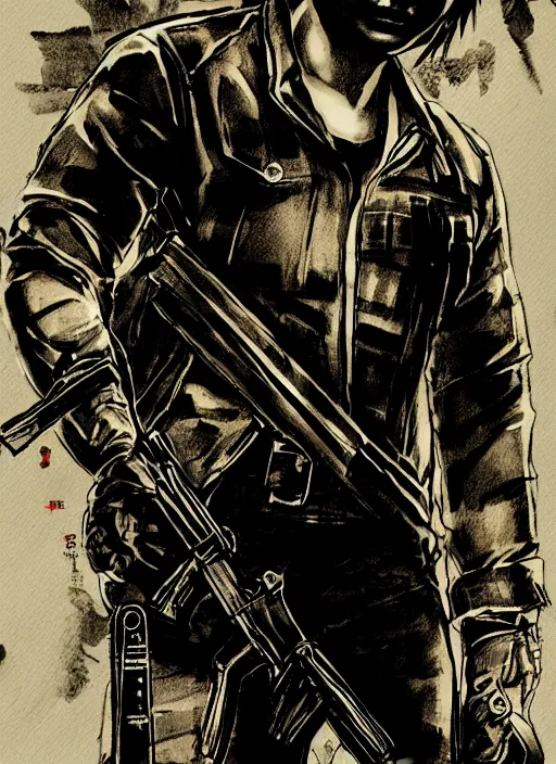 Prompt: coco martin as cardo dalisay from ang probinsyano in a poster shot, in the style of yoji shinkawa, ink on paper, gritty, dark hues