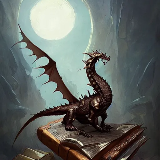 Image similar to bronze dragon sitting on a hoard of books, fantasy, dnd, art by greg rutkowski