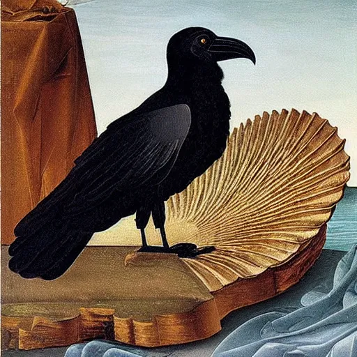 Prompt: high quality oil painting by botticelli, a raven bird standing on an open scallop shell