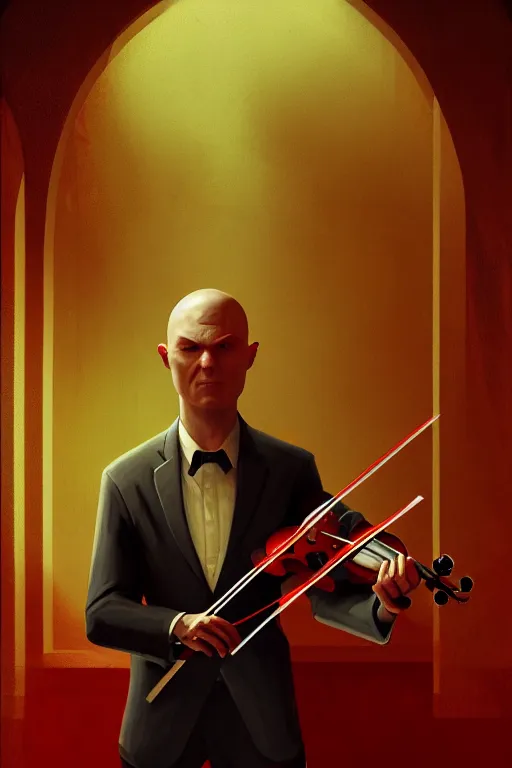 Image similar to an expressive portrait of agent 4 7 playing the violin in a monastery, dark background, red rim light, digital art, artstation, concept art by giger stalenhag