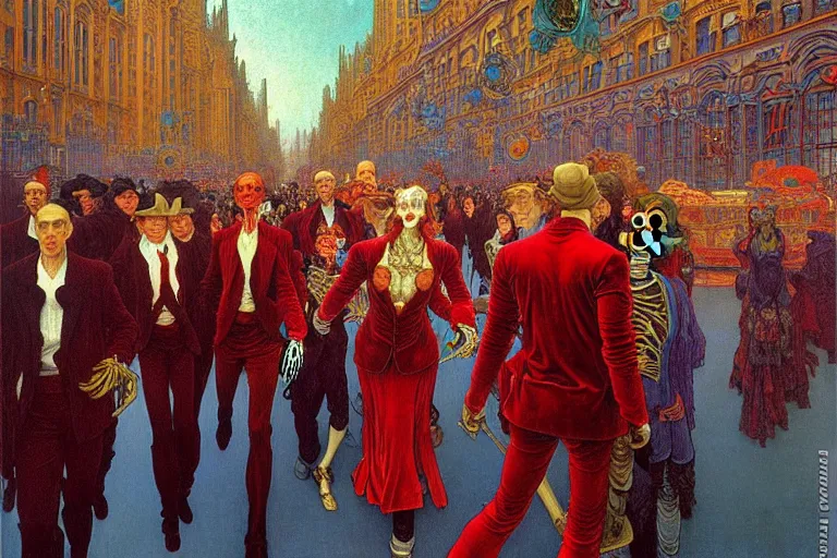 Prompt: realistic detailed portrait painting of a single skeleton wearing red velvet blazer in a crowded futuristic moscow street by Jean Delville, Amano, Yves Tanguy, Alphonse Mucha, Ernst Haeckel, Edward Robert Hughes, Roger Dean, rich moody colours, blue eyes