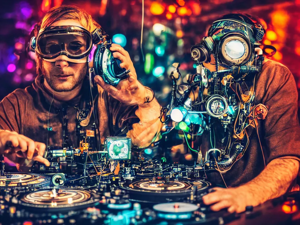 Image similar to a person wearing goggles and visor and headphones using a steampunk record player contraption, wires and tubes, turntablism dj scratching, intricate planetary gears, cinematic, imax, sharp focus, leds, bokeh, iridescent, black light, fog machine, hazy, lasers, hyper color digital art, cyberpunk