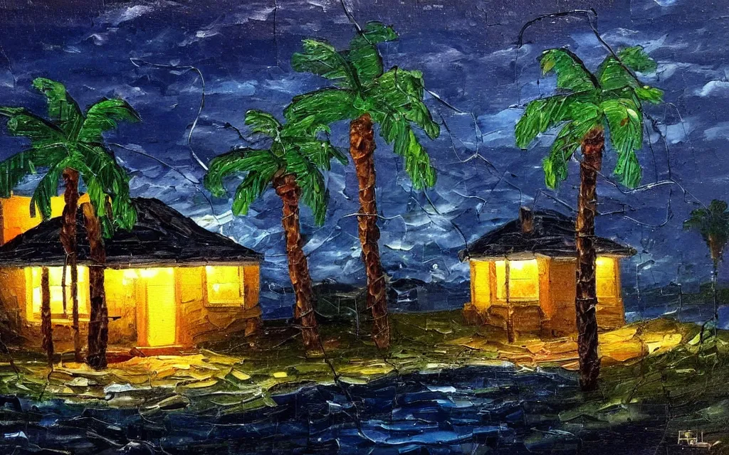 Prompt: a very very small island! with a paved patio!!, cute cozy large cottage!! and string lights!!!, palm trees, dark very late evening cloudy, dramatic and dynamic lighting, thick brush strokes oil impasto painting