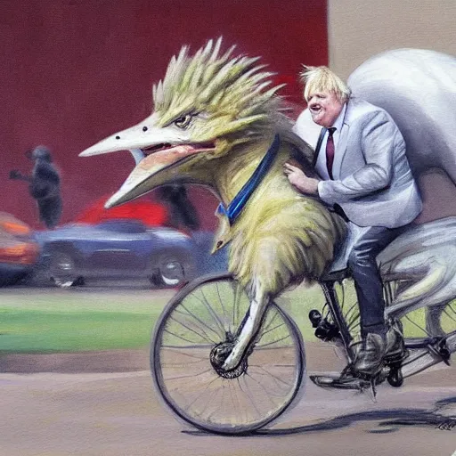 Image similar to boris johnson riding a veloceraptor, painting