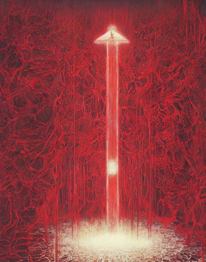 Image similar to worshippers in red robes holding a very large crystal tesseract radiating white light, interior of a small room, glowing crystal tesseract, beksinski painting, part by adrian ghenie and gerhard richter. art by takato yamamoto. masterpiece, deep colours