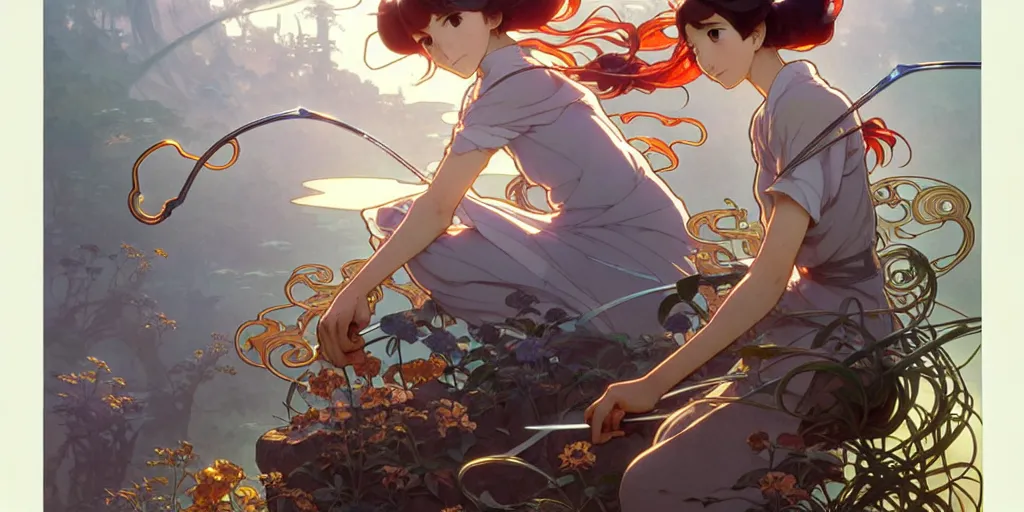 Image similar to twist your tiny lies into the spoon, spinning a web with your metallurgy. by hayao miyazaki and rossdraws and artgerm and greg rutkowski and alphonse mucha and studio ghibli. high quality, stunning, intricate detailed environment. 8 k