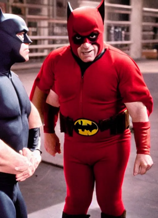 Image similar to danny devito as robin, batmans sidekick, danny devito in red spandex