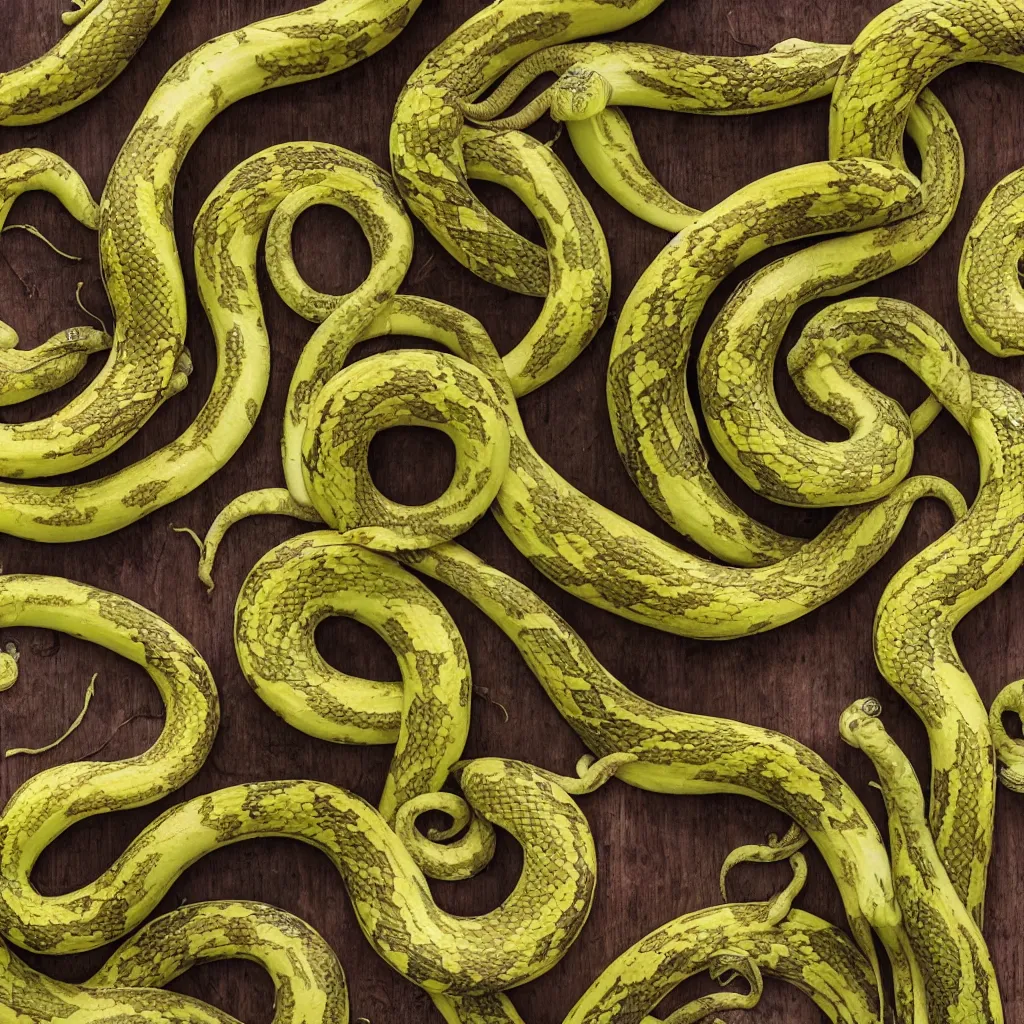Image similar to snakes that look like very ripe bananas, and form a complex fractal, cracked, vegetable foliage, art nouveau fractal with petal shape, and stems, mesh roots, hyper real, food photography, high quality
