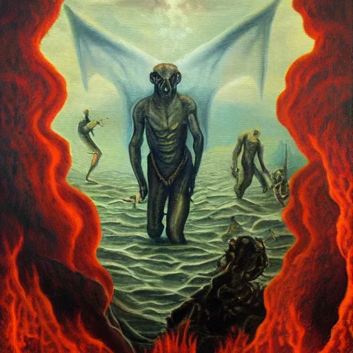 Prompt: moloch oil painting in the ocean of hell