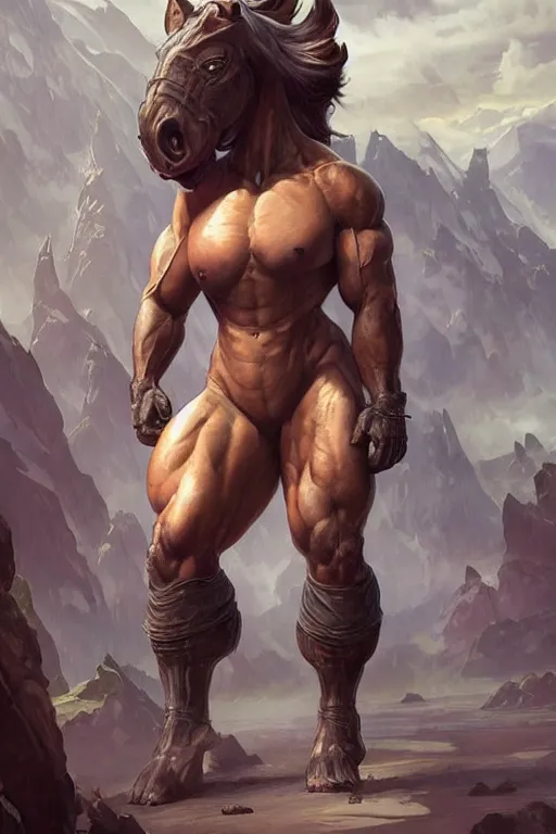 Prompt: a monstrously buff anthro horse whose physique is bursting with muscle wearing a tight high - tech combat bodysuit, full body, sci - fi, highly detailed, digital painting, artstation, concept art, sharp focus, illustration, art by artgerm and greg rutkowski and alphonse mucha