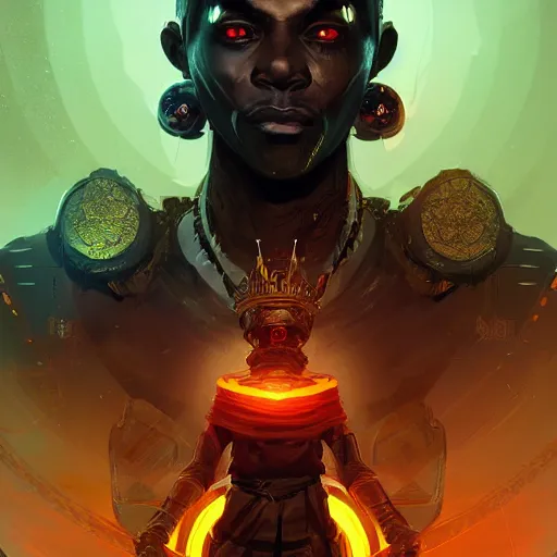 Image similar to a dark and ominous african moor with glowing eyes and a golden crown with a ruby, Apex Legends character digital illustration portrait design, by android jones and greg rutkowski in a cyberpunk voodoo style, detailed, cinematic lighting, wide angle action dynamic portrait