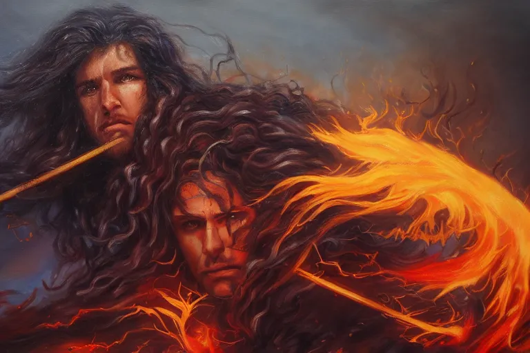 Image similar to a beautiful alex trebek with long curly blond hair brutally destroys his enemies on the battlefield, wrath flame and ruin, oil painting, trending on artstation