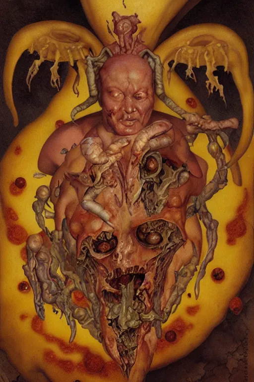 Image similar to an pizza in the style of wayne barlowe, gustav moreau, goward, bussiere, roberto ferri, santiago caruso, luis ricardo falero, austin osman spare