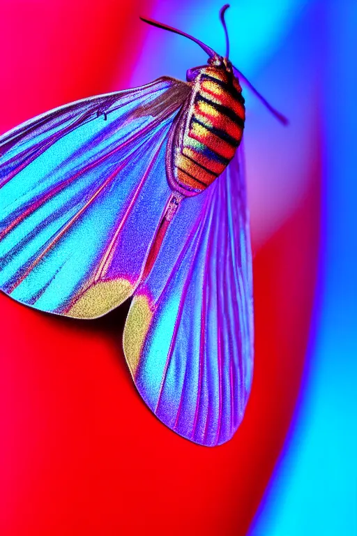 Image similar to high quality macro photo silky iridescent moth! jewelled gorgeous! highly detailed david ligare elson peter cinematic blue neon lighting high quality low angle hd 8k sharp shallow depth of field