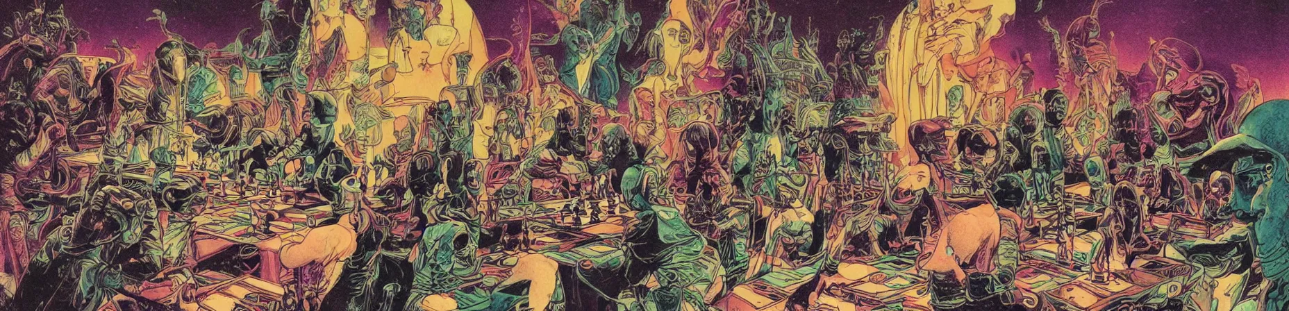 Prompt: chess set, taro deck card king and psychedelic grainshading print by moebius, richard corben, wayne barlowe, cyberpunk comic cover art, galactic dark colors