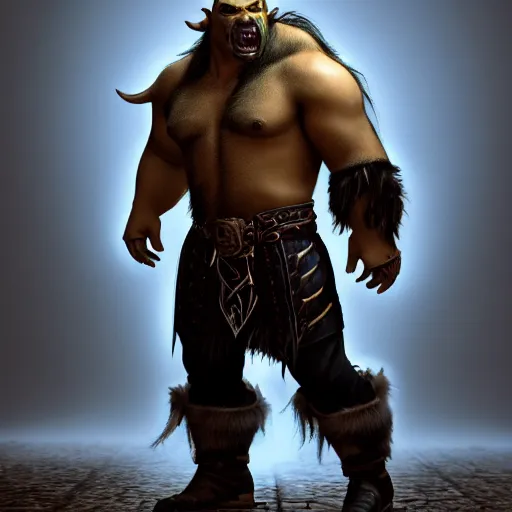 Prompt: A full body shot of a handsome orc looking into the camera wearing a leather fur jacket and boots, full body shot, artstation, realistic, highly detailed, symmetrical, hyper realism, warcraft, dynamic pose, high detail, octane render, unreal engine, 8k, fantasy art, highly detailed, concept art