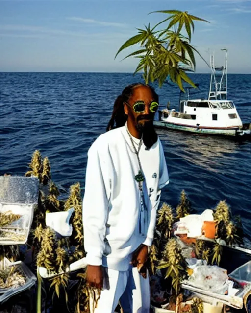 Prompt: A photo of Snoop Dogg standing on a fishing boat with cannabis plants in the background