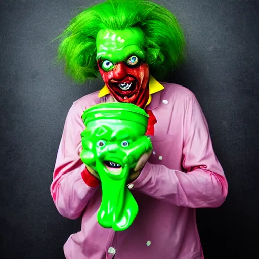 Image similar to color portrait photograph of a zombie Ronald McDonald holding a happy meal covered in slime