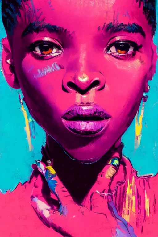 Image similar to portrait of a stylized african young lady, painted in acrylic, pigment textures, in the colors hot pink and cyan, beautiful realistic face, rule of thirds, spotlight, by greg rutkowski, by jeremy mann, by francoise nielly, by van gogh, by ross tran, in focus