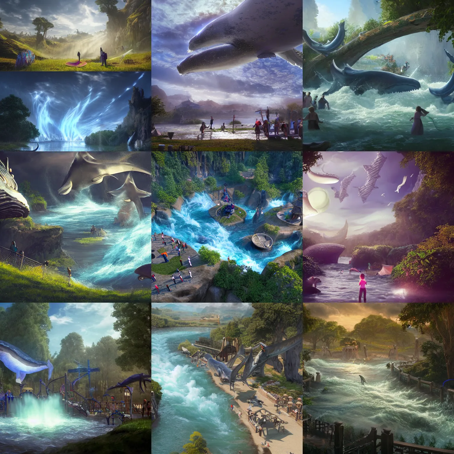 Prompt: dreamy scene of heaven. a playground filled with people playing outdoor games. rivers flowing from above. flying ancestral whales in the distance. sci - fi fantasy, mystical world, unreal engine, photorealism, fantasy, concept art, 8 k, volumetric lighting, cinematic, artstation