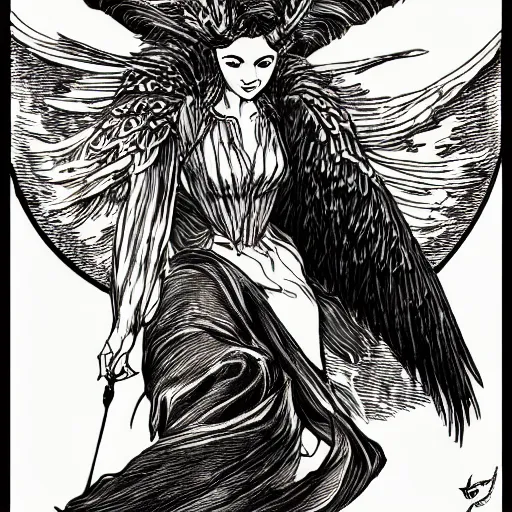 Image similar to precisely drawn illustration o flying harpy, old-fashioned tarot card, victorian playing card, sepia tone, wide angle, sharp, fine details, French comic style, cyberpunk, intense line art, 8k, precise linework, realistic, shaded lighting by katsuhiro otomo ghost-in-the-shell, magali villeneuve, artgerm, rutkowski Jeremy Lipkin and Giuseppe Dangelico Pino and Michael Garmash and Rob Rey and Moebius