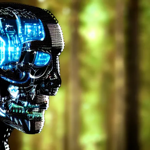 Prompt: super detailed portrait of a terminator's head, packed with cybernetics and and borg enhancements. In a forest with bokeh.