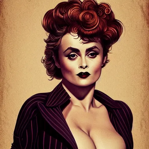 Image similar to pin-up Helena Bonham Carter, 50’s style, illustration, highly detailed, digital painting, concept art