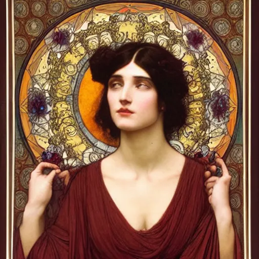 Prompt: Symmetric Pre-Raphaelite painting of a beautiful woman with dark hair in a silk dark red dress, surrounded by a halo frame of dark flowers and a highly detailed mathematical drawings of neural networks and geometry by Doré and Mucha, by John William Waterhouse, Pre-Raphaelite painting