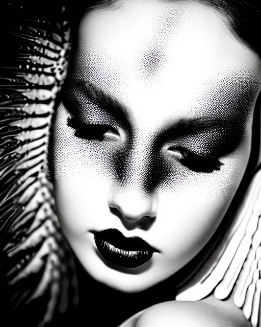Prompt: black and white dreamy spiritual female fish - cyborg high quality portrait photo, microchip leaves, artificial intelligence, cinematic, rim light, photo - realistic, elegant, high detail, 8 k, masterpiece, high fashion, in the style of man ray