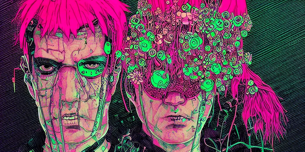 Image similar to risograph grainy drawing cyberpunk antagonist face wearing cyberpunk accessories, bright colors, with huge piercings, face covered with plants and flowers, by moebius and satisho kon and dirk dzimirsky close - up portrait, hyperrealistic
