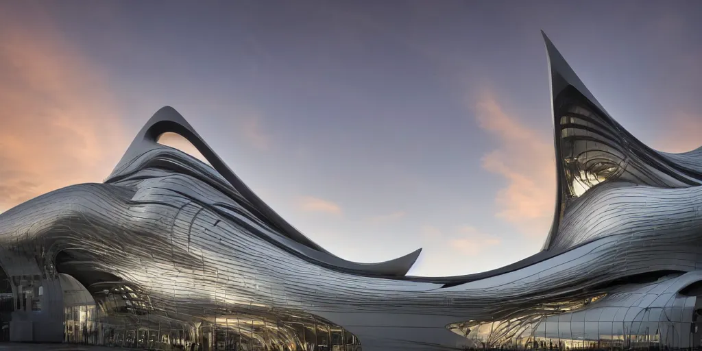 Image similar to extremely detailed ornate stunning sophisticated beautiful elegant futuristic museum exterior by Zaha Hadid, stunning volumetric light, stainless steal, concrete, translucent material, beautiful sunset, tail lights