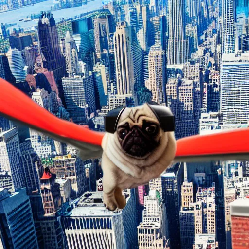 Image similar to A high quality action photo of a pug with old school brown pilot goggles flying like superman towards the camera, high above NYC, motion blur, high detail, zoomed in, fish eye lense