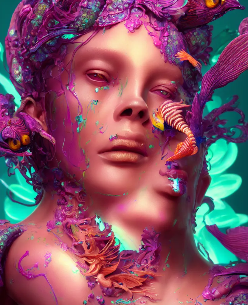 Image similar to goddess full color painted acryllic sculpture close-up portrait. orchid bird phoenix head, nautilus, skull, betta fish, bioluminiscent creatures, intricate artwork by Tooth Wu and wlop and beeple. octane render, trending on artstation, greg rutkowski very coherent symmetrical artwork. cinematic, hyper realism, high detail, octane render, 8k