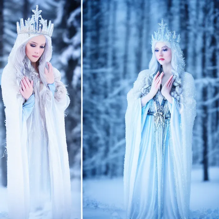 Prompt: photograph of a real-life beautiful ice queen with ornate robe and crown in an ethereal snowy landscape. Extremely detailed. 8k
