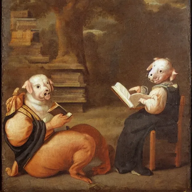 Image similar to baroque dutch painting from 1 6 7 0 of a pig reading a book