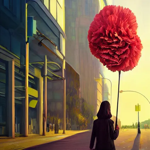 Image similar to giant carnation flower head, woman walking in a modern city, surreal photography, dramatic light, impressionist painting, digital painting, artstation, simon stalenhag