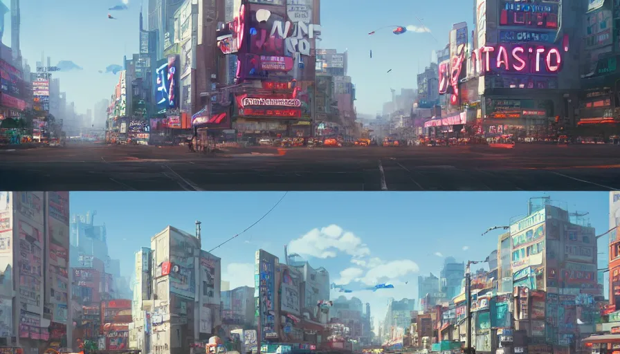 Image similar to A highly detailed matte painting of Buildings with Billboards and neonsigns by Studio Ghibli, Makoto Shinkai, by Artgerm, by WLOP, by Greg Rutkowski, volumetric lighting, octane render, 4K resolution, trending on artstation, masterpiece